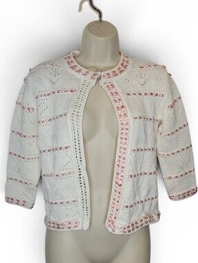 Bernadette Cardigan Sweater XS White Pink Ribbon Cottagecore
